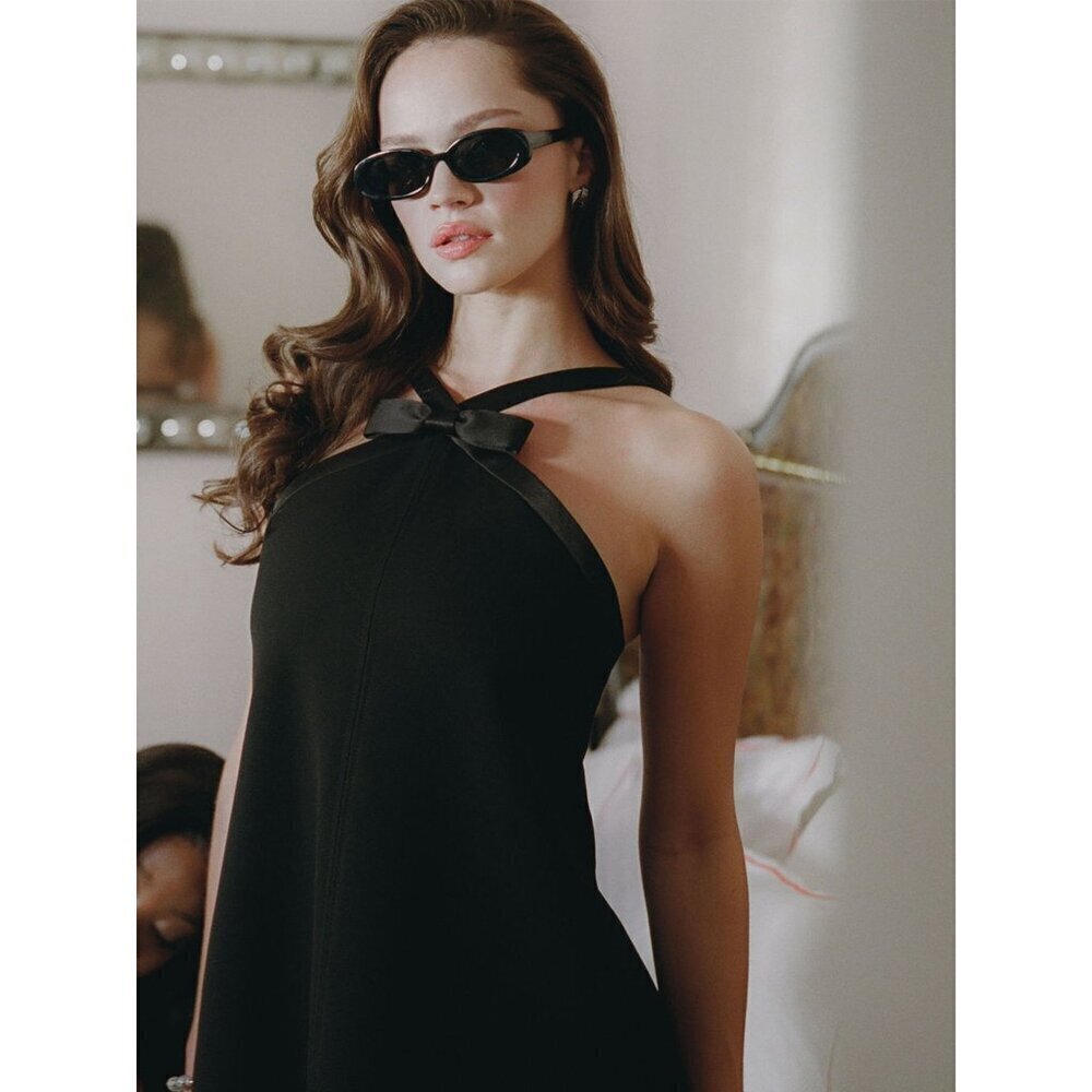 Caitlin Black Satin Trim Mini Dress with Bow